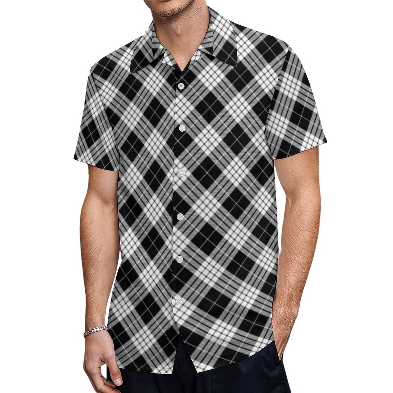 Black White Tartan Chic Stylish Plaid Pattern Hawaiian Shirt Mens Button Down Tropical Hawaii Beach Shirts