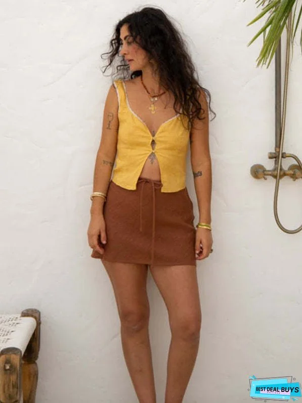 Fashionable Button Placket Lace Back Strap Tank Top