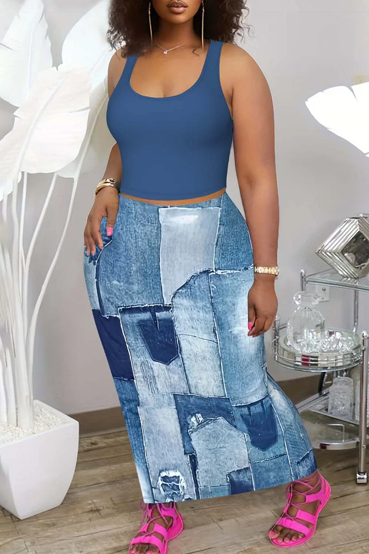 Plus Size Casual Blue Denim Print U Neck Sleeveless Sundress Bodycon Two Piece Skirt Sets [Pre-Order]