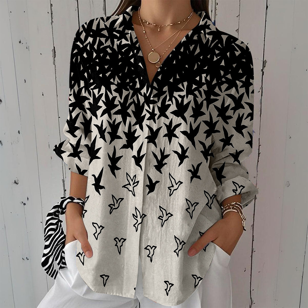 Women Long Sleeve V-neck Graphic Floral Printed Top