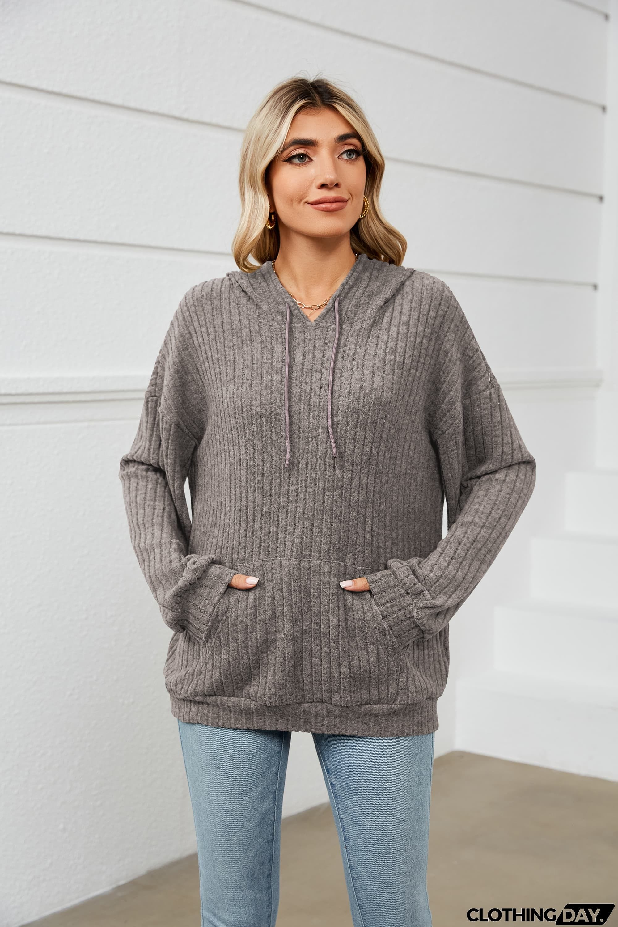 Drawstring Dropped Shoulder Ribbed Hoodie