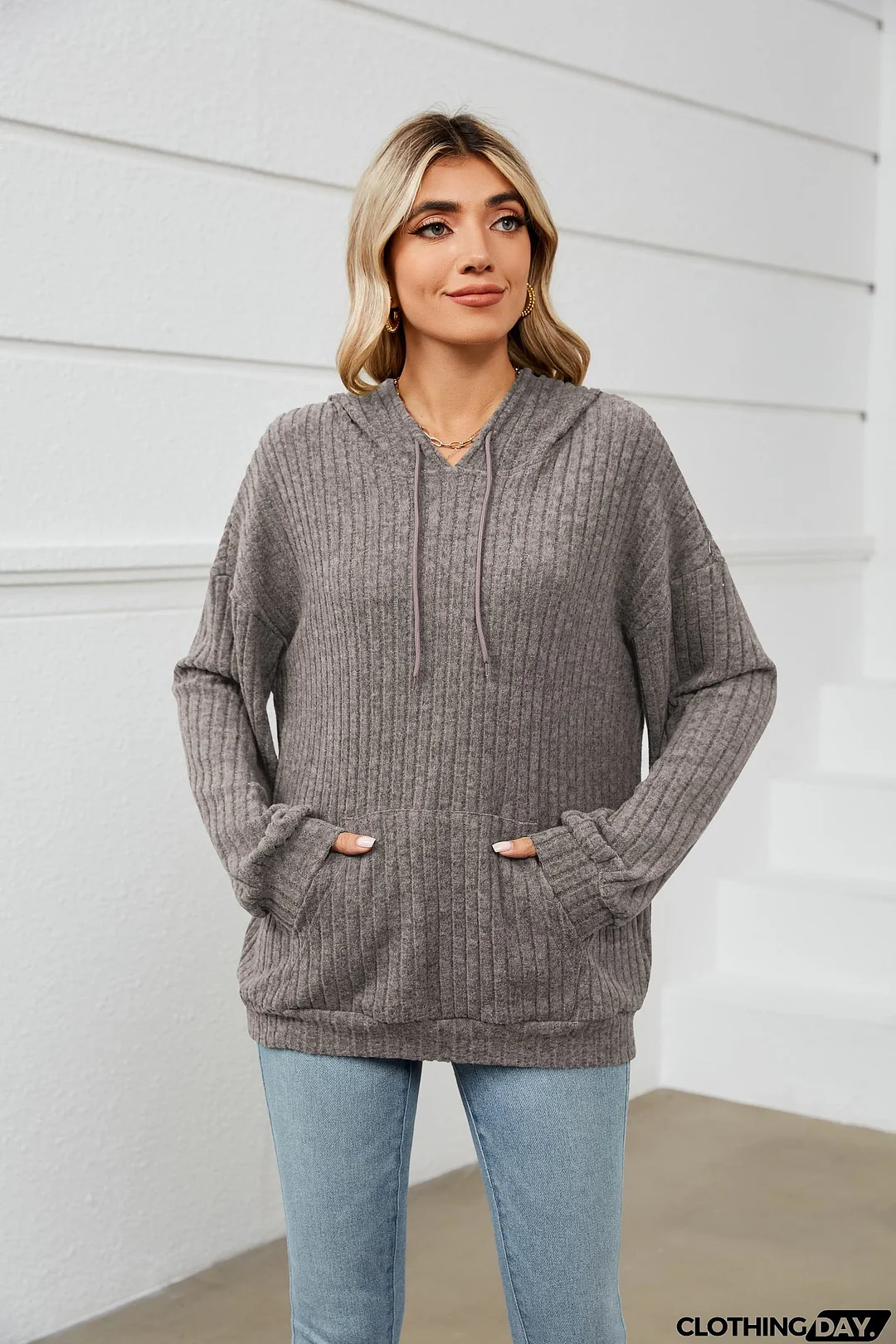 Drawstring Dropped Shoulder Ribbed Hoodie