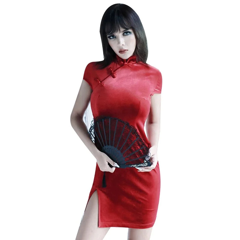 InsGoth Retro Mini Dress Women Bodycon Cheongsam Mini Dress Gothic Party Elegant Solid Black Red Pink Female Dress