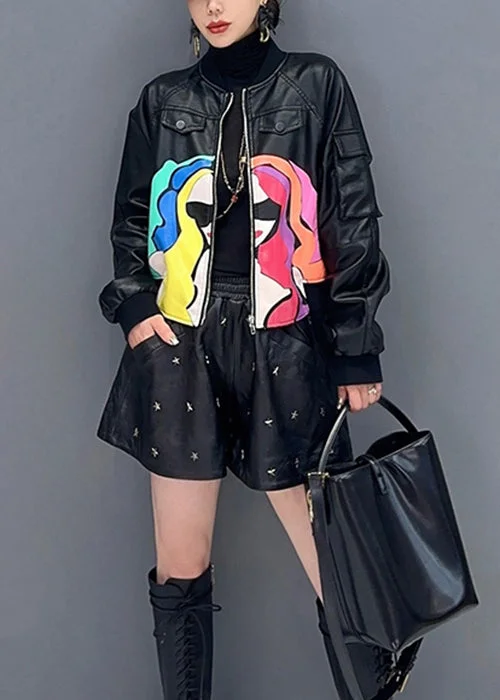 French Black Zip Up Print Patchwork Faux Leather Coats Long Sleeve