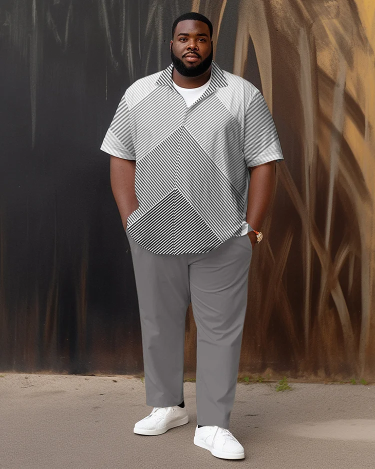 Men's Plus Size Line Square Gradient Short Sleeve Walking Suit