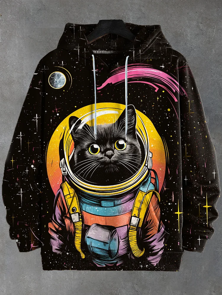 Men's Retro Rainbow Space Cat Astronaut Print Hooded Sweatshirt