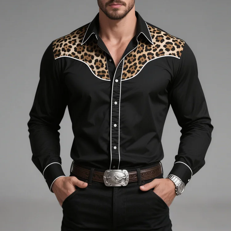 Okaywear Leopard Patchwork Contrast Binding Button Long Sleeve Shirt Okaywear