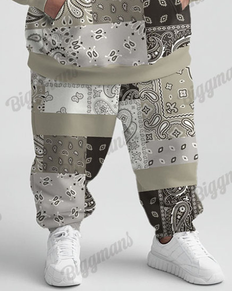 Men's Street Fashion Versatile Simple Paisley Patching Printed Plus Size Hoodie Set