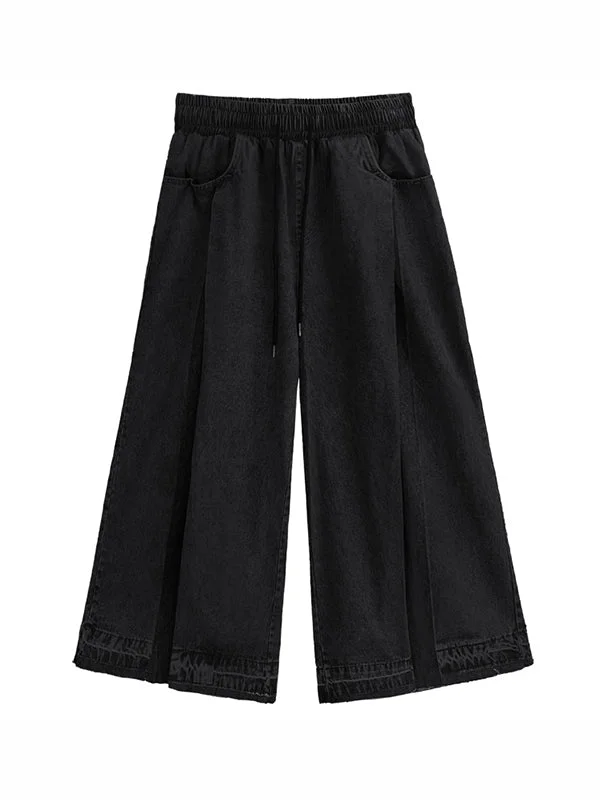 Street Black Contrast Color Drawstring Pockets Pleated Wide Leg Denim Pants