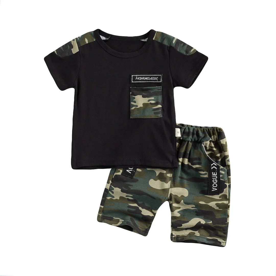 Infant Kids Boy Camouflage Print Set, Short Sleeve Crew Neck Top with Pocket and Short Pants 2 Pcs Suit Summer