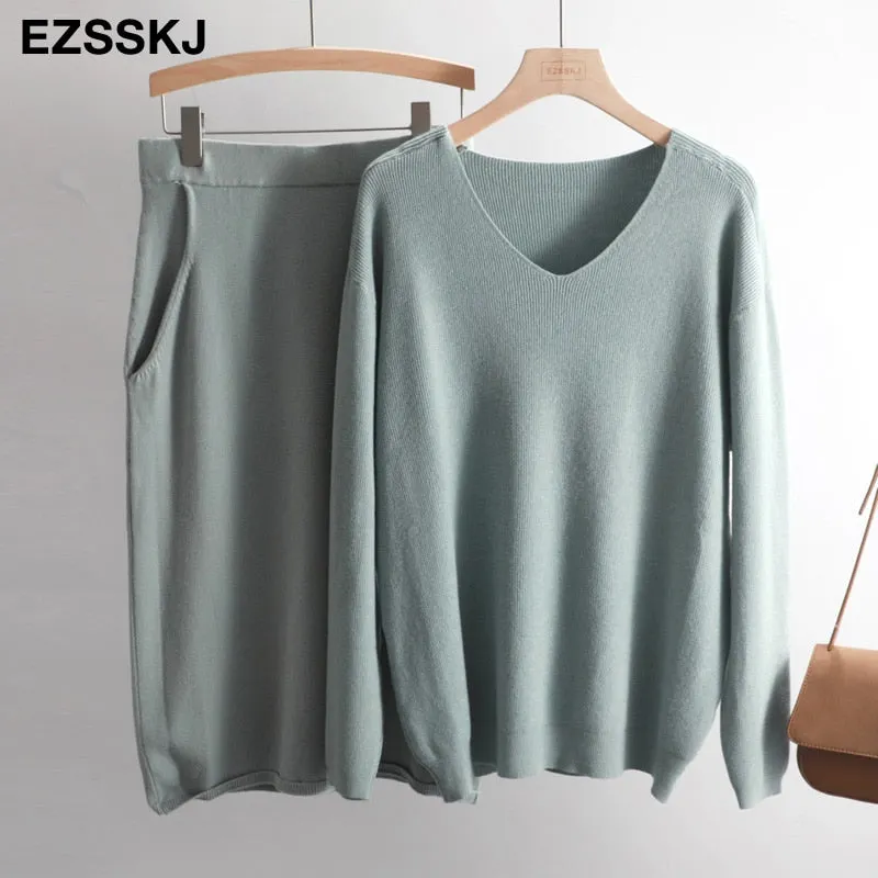 v-neck lazy oversize Sweater suit dress women casual loose sweater +straight skirt with pocket  feamle sweater set dress