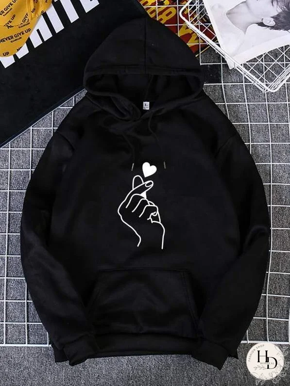 Heart And Gesture Print Thermal Lined Hoodie