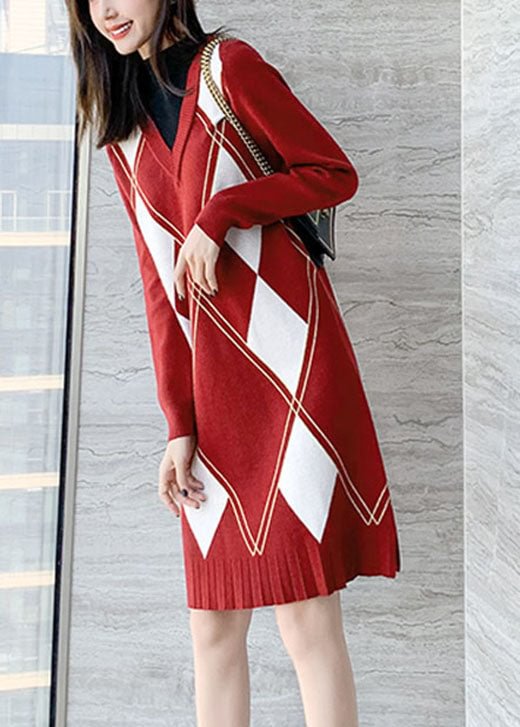 DIY Red O-Neck side open Knit Dress Winter CK1306- Fabulory