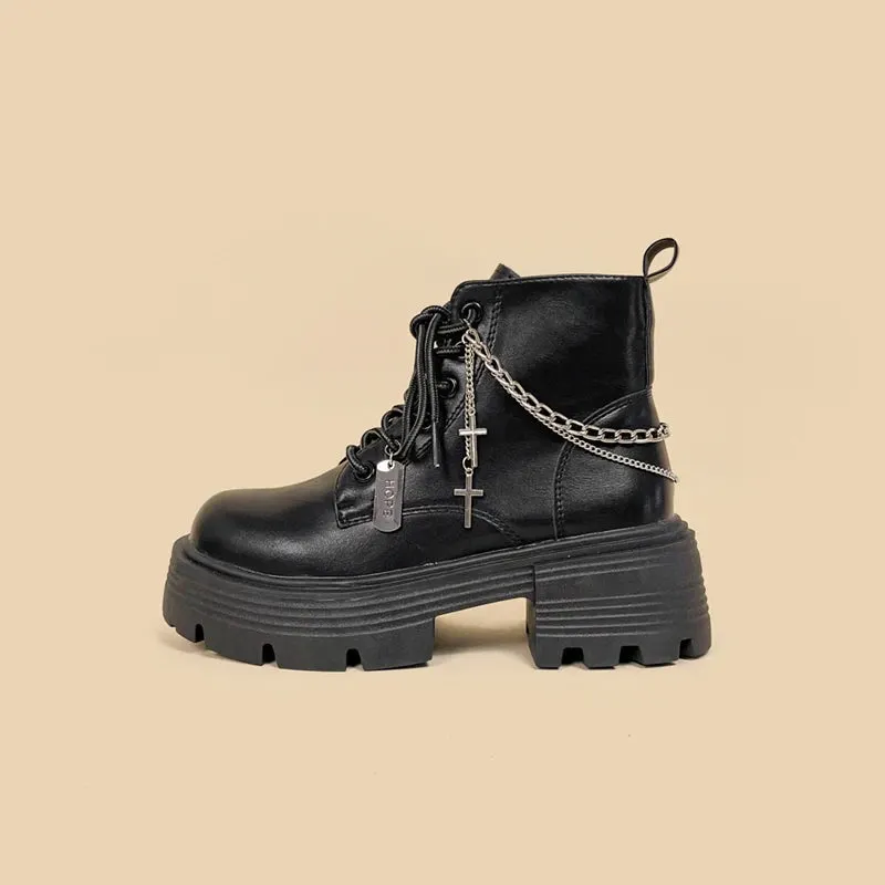 Brownm Chain with Cross Combat Boots