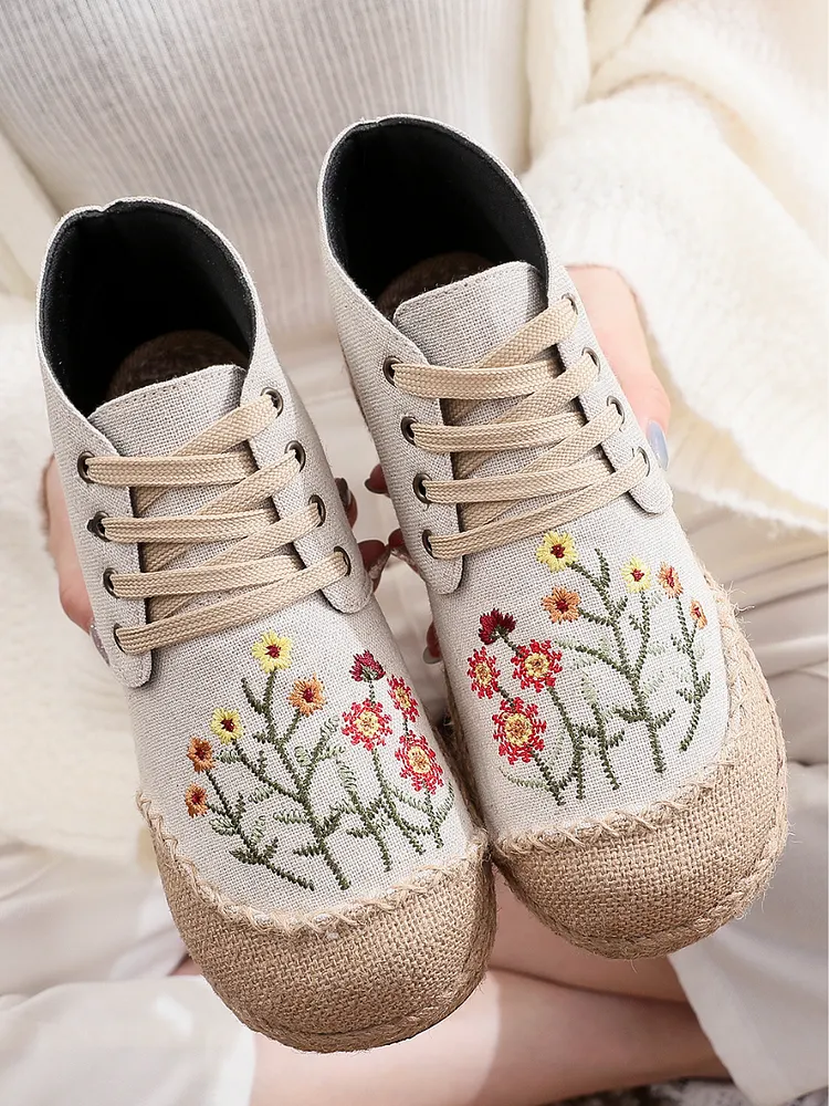 Cactus Rose | Embroidered Blossom Head Hi-Top Sneakers Espadrilles
