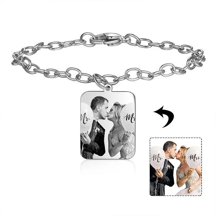 Custom Bracelet With Square Photo Pendant Personalized With Engraving
