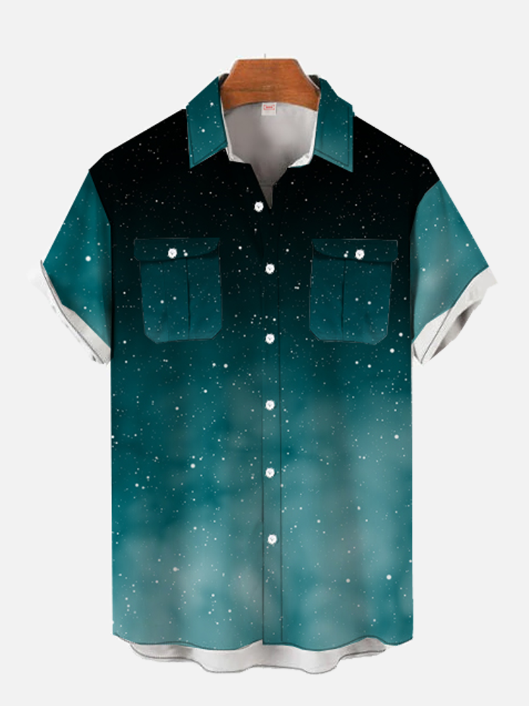 Double Pocket Fog And Starry Sky Printing Men's Short Sleeve Shirt