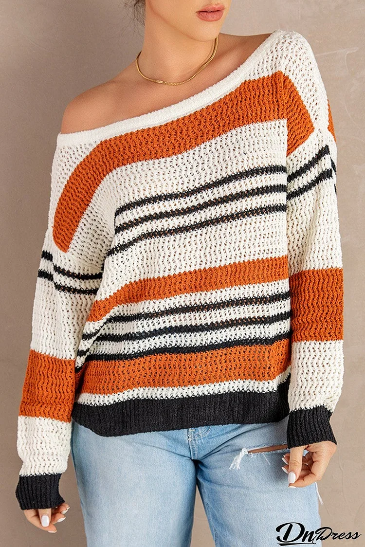Brown Loose Fit Striped Sweater
