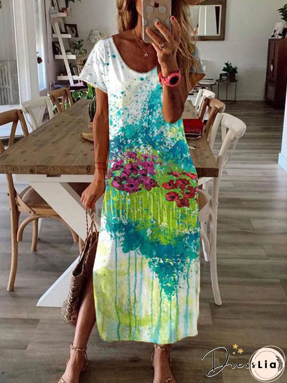 Casual Art Oil Painting Floral Round Neck Short Sleeve Hem Slit Long Dress