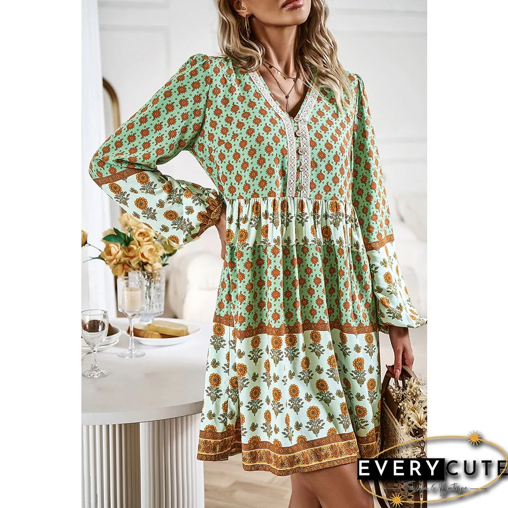Light Green Bohemia Print Button Detail V Neck Long Sleeve Dress
