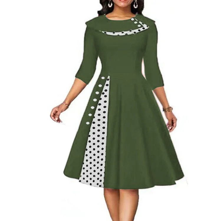 Uveng Retro Printing Dot Cinched Swing Dress