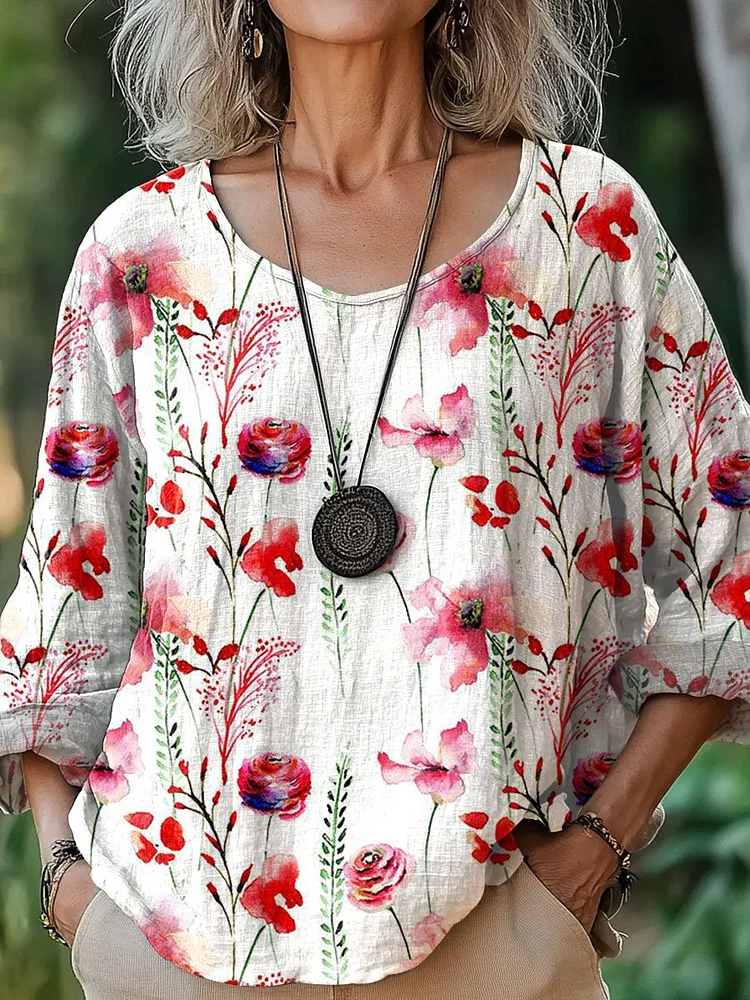 Women's Floral Art  Print Casual Cotton And Linen Shirt