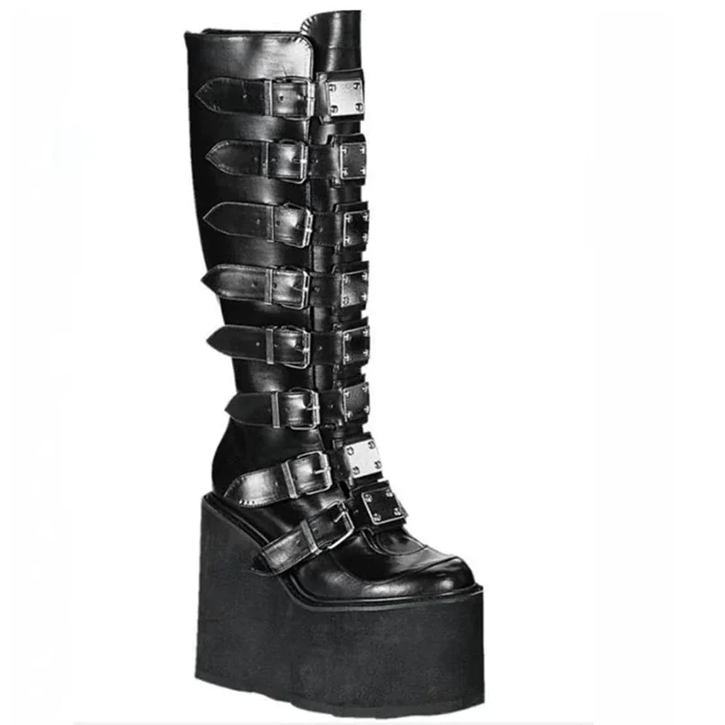 Qengg New Women's Martin Boots Fashion Wedge Knee-Length Metal Buckle High Heels Casual Platform Comfort Goth Boots Platform Boots