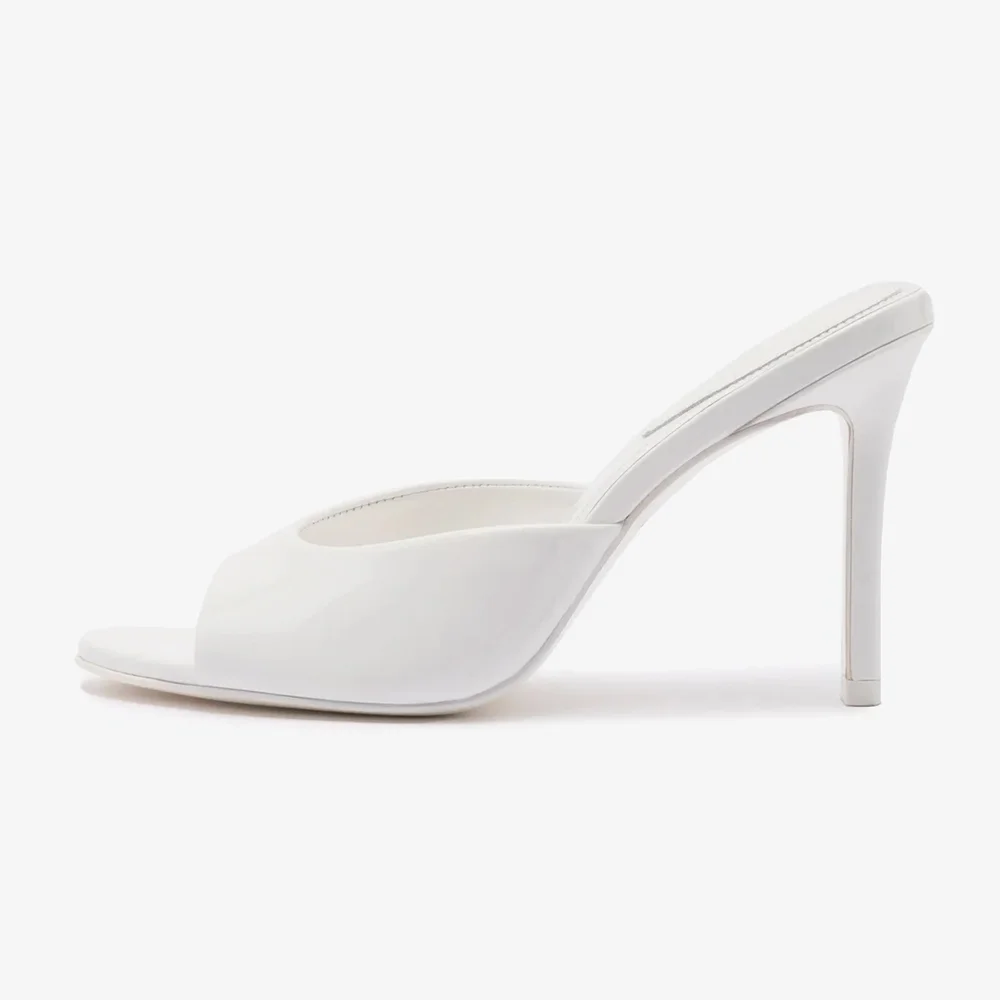 Patent Stiletto Heel Open Round Toe Slip-On Mules for Women in White