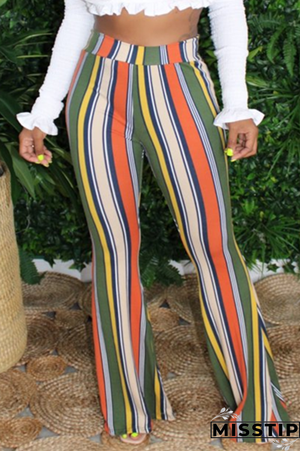 Pink White Blue Pink Yellow Olive green Color blue Elastic Fly High Striped Loose Pants Bottoms