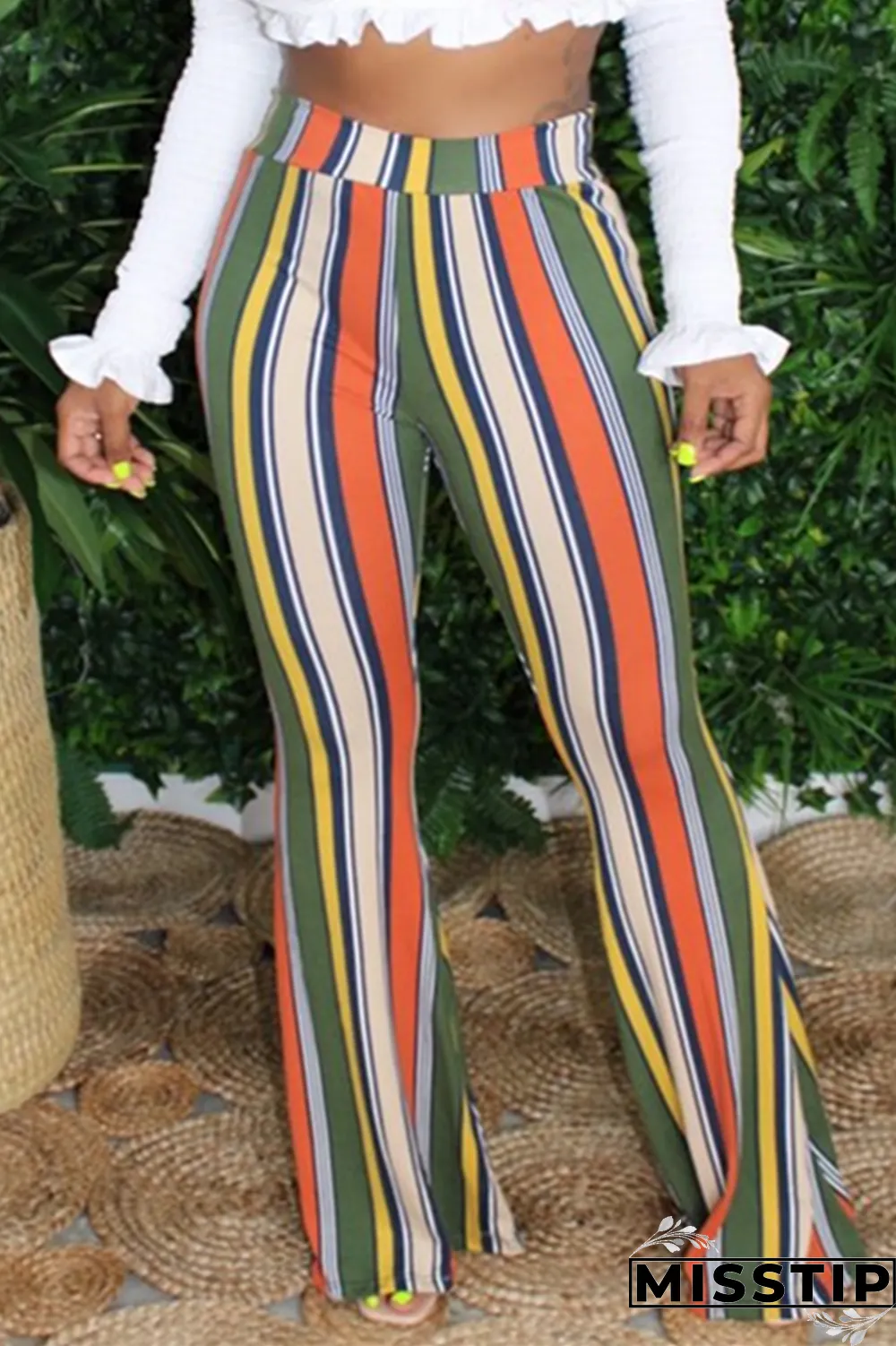 Pink White Blue Pink Yellow Olive green Color blue Elastic Fly High Striped Loose Pants Bottoms