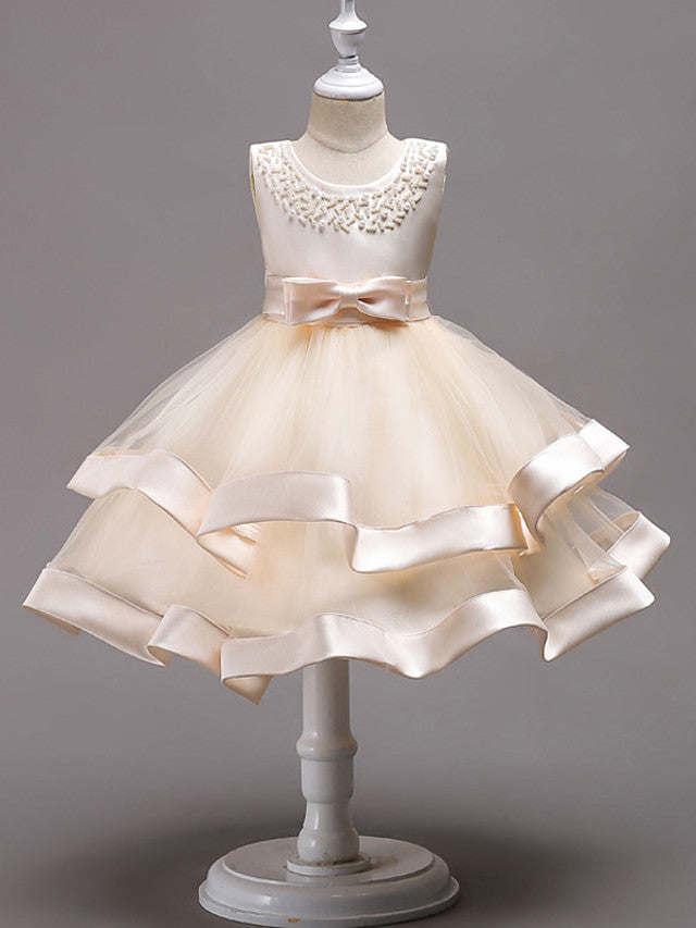 Oknass Knee Length Sleeveless Jewel Neck Flower Girl Dresses 100% Polyester With Faux Pearl  Bow Beading