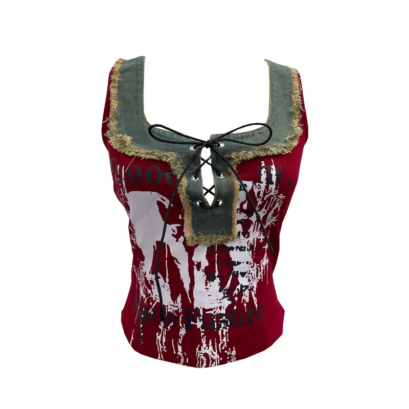 Nigikala Nigikala Shooting Hottie Hairy Denim Spliced Printed Vest With Bows Short Sleeveless Top 8926