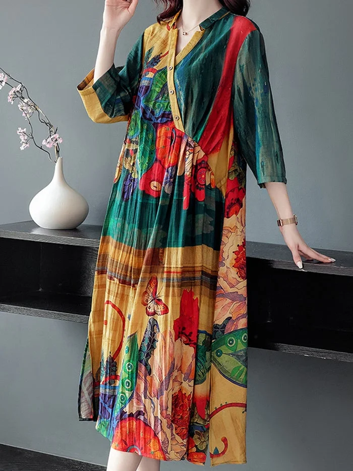 Fashion Cotton Linen Ramie Print Dress