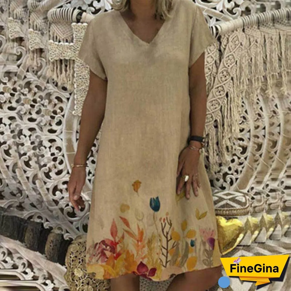 Short Sleeve V Neck Printed Beach Dress