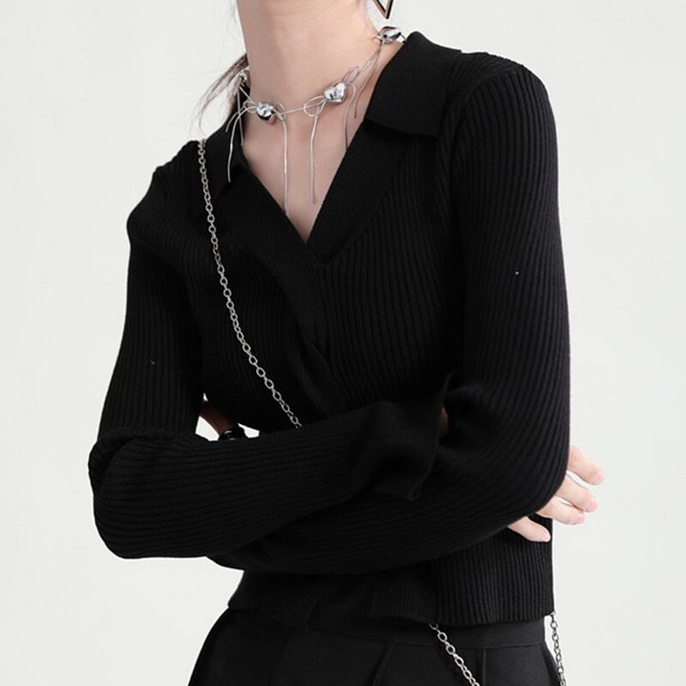 Chic Solid Color V-Neck Knot Long Sleeve Knitted Sweater