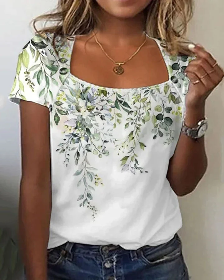 Ladies Casual Square Neck Printed Short Sleeve T-Shirt
