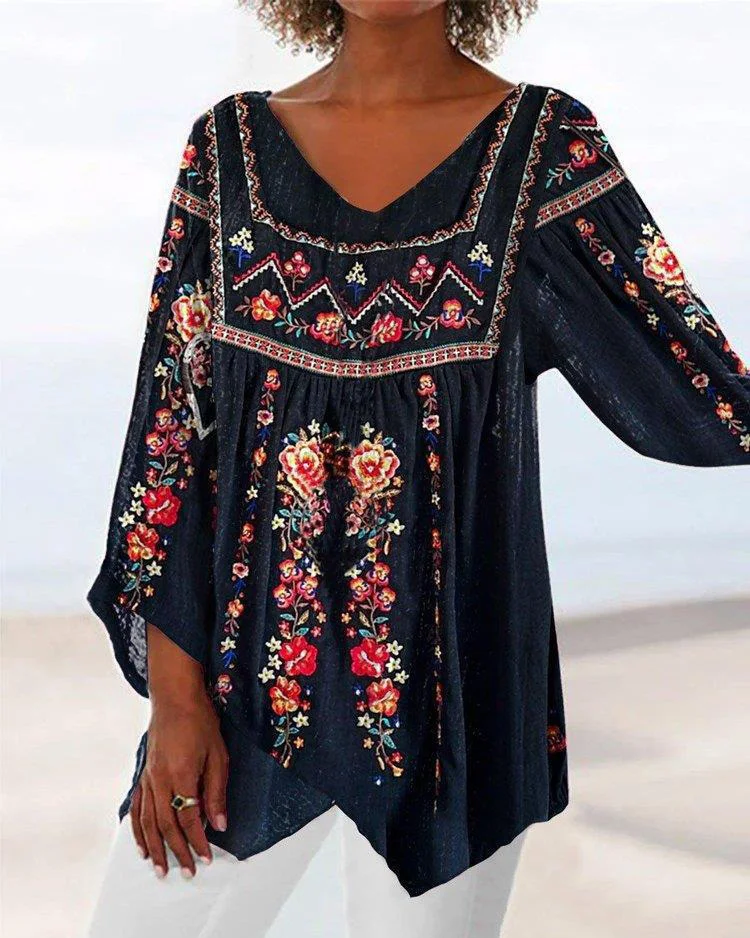 V-Neck Fashion Print Loose Long-Sleeved Top