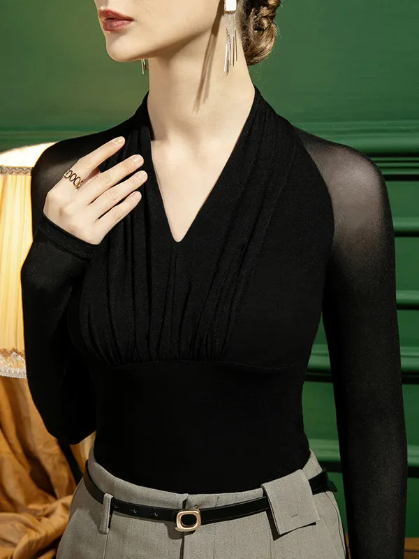 Split V Neck Textured Net Shirt