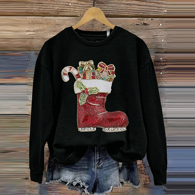 Comstylish Christmas Boots Printed Casual Cozy Sweatshirt