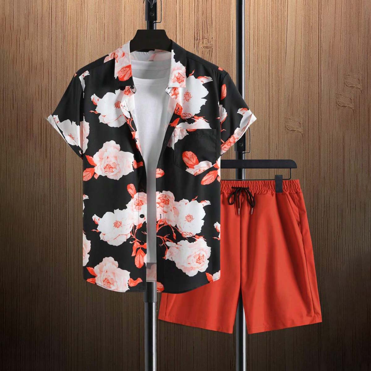 Comstylish Hawaiian Vacation Floral Print Shirt Short Sleeved Two Piece Set