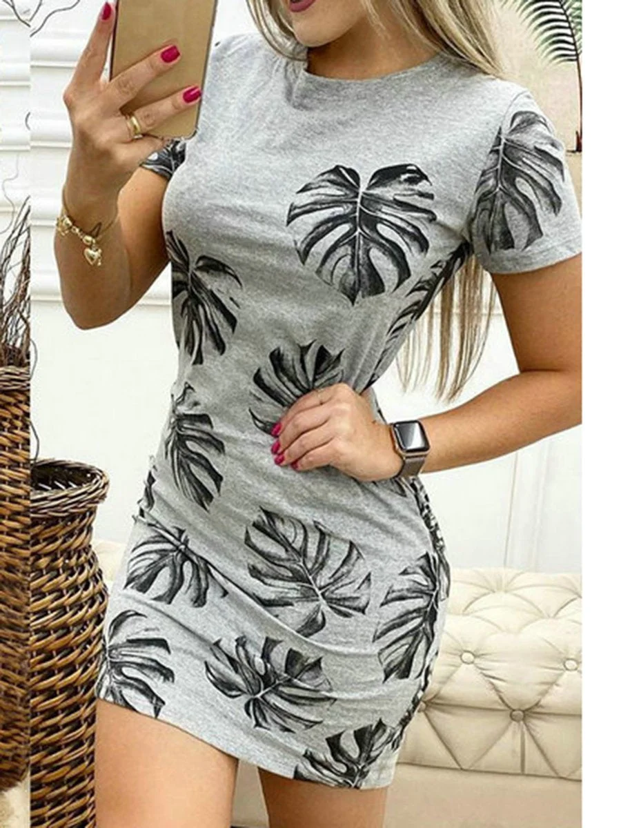 Leaf Printed Short Sleeves Bodycon Dress