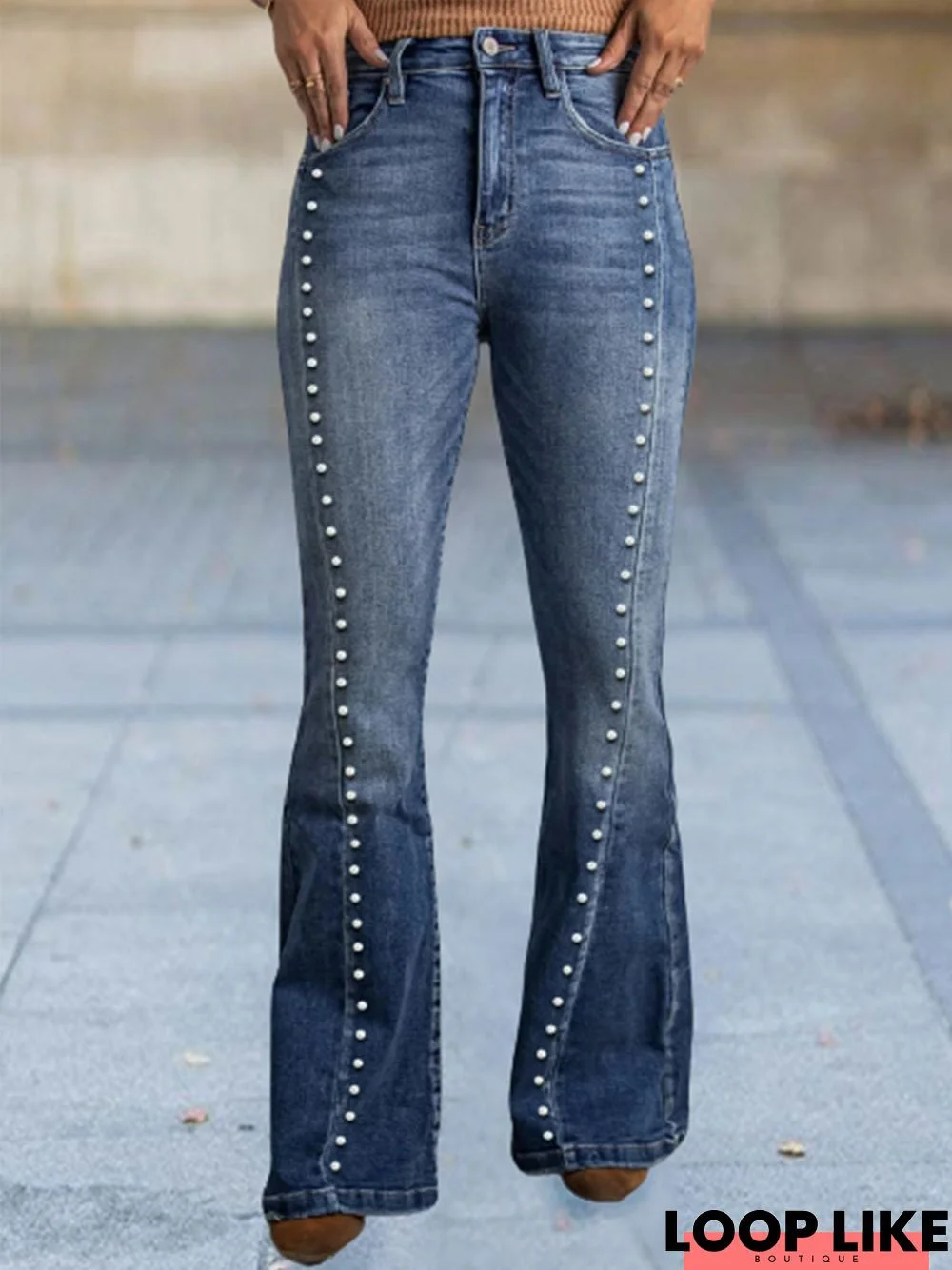 Plain Pockets Buckle Beaded Casual Denim Jeans