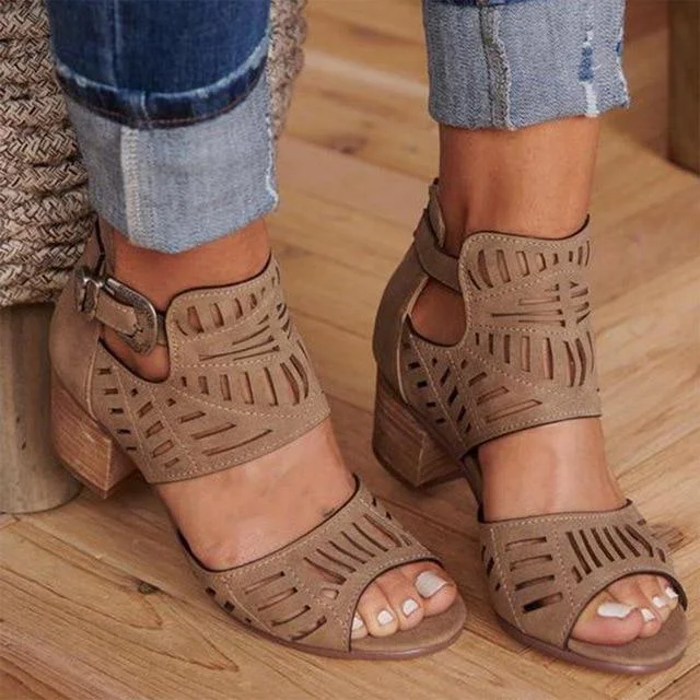 Women Fashion Vintage Hollow Out Peep Toe Square Heel Wedges Sandals High Heels Sandals Shoes