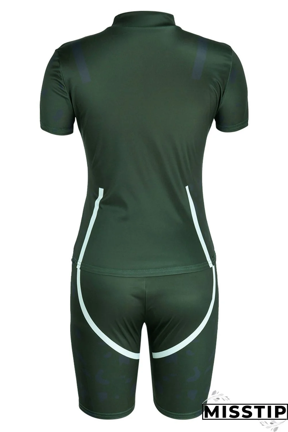 Army Green Casual Print Patchwork O Neck Short Sleeve Two Pieces