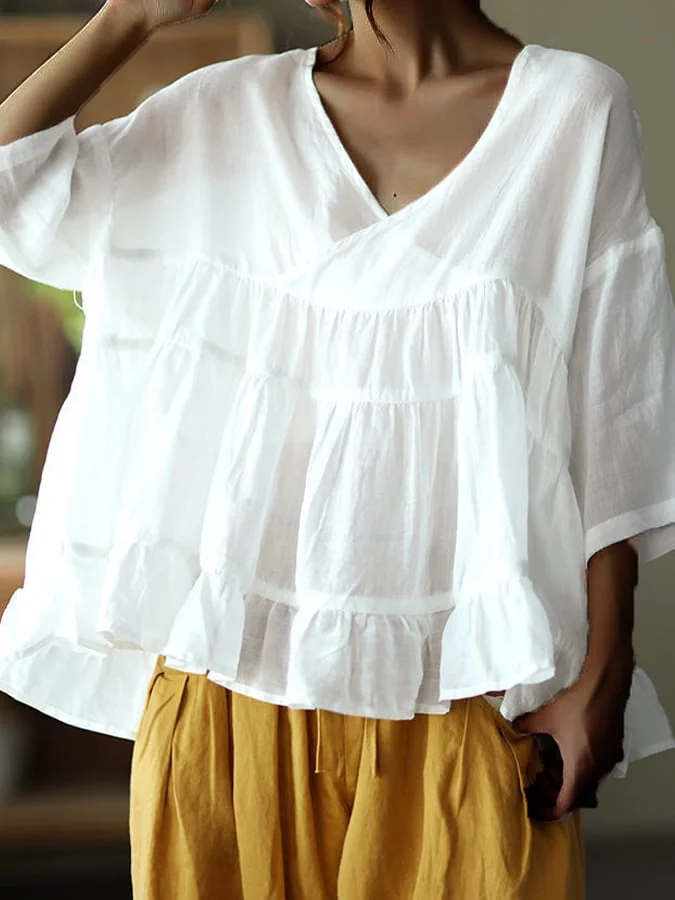 Women's Solid Color Loose V-neck Cotton Linen Shirt socialshop