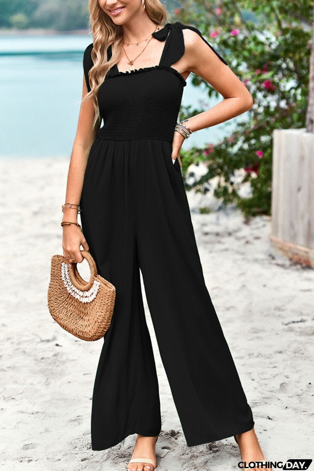 Frill Trim Tie Shoulder Wide Leg Jumpsuit with Pockets