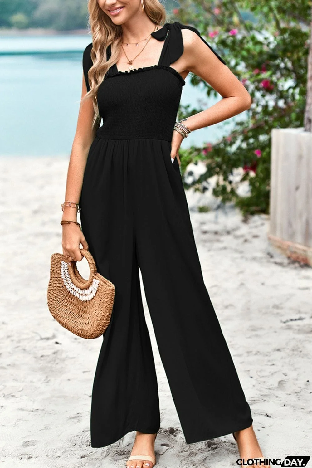Frill Trim Tie Shoulder Wide Leg Jumpsuit with Pockets