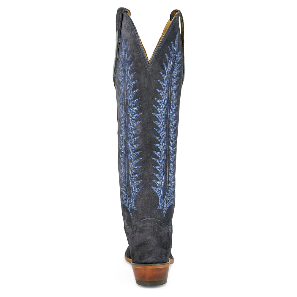 Dark Navy Vegan Suede Chunky Heel Embroidered Western Knee High Boots