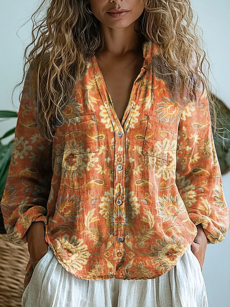 Women's Vintage Lovely Floral Art Print Casual Long Sleeve Comfortable Cotton Shirt
