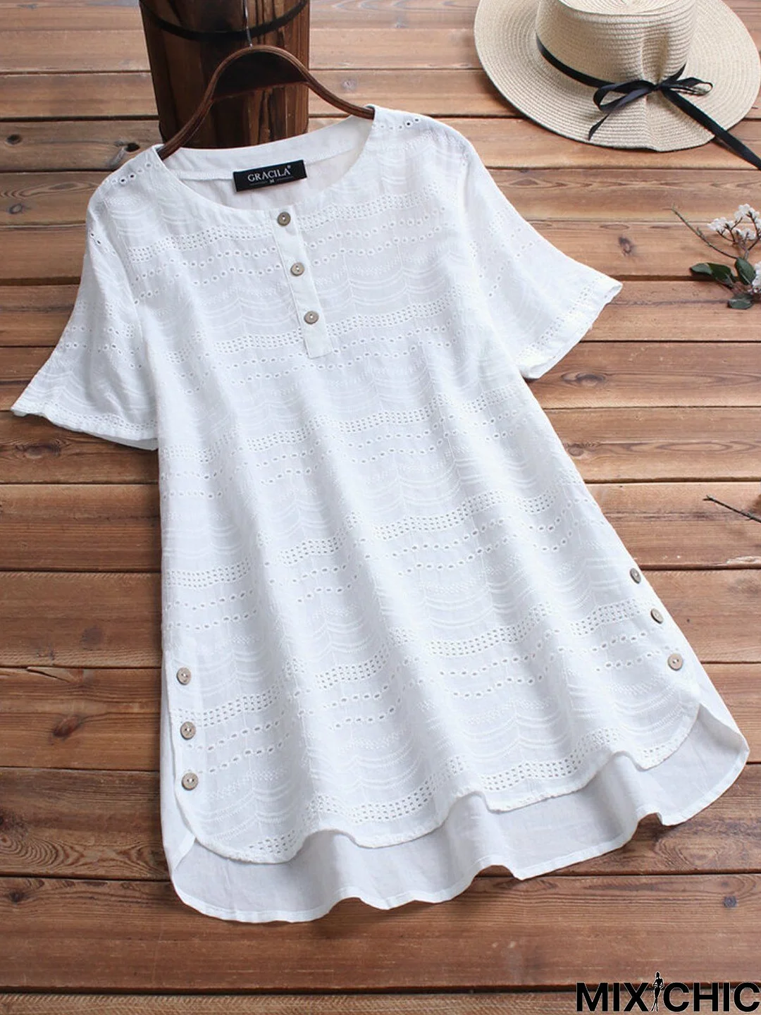 White Hollowed Plain Round Neck Casual T-shirt